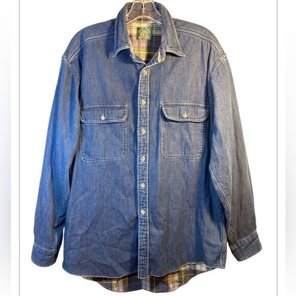 SHELTER ISLAND MENS FLANNEL SHACKET LARGE BLUE DENIM COAT EVERYDAY OUTDOORS